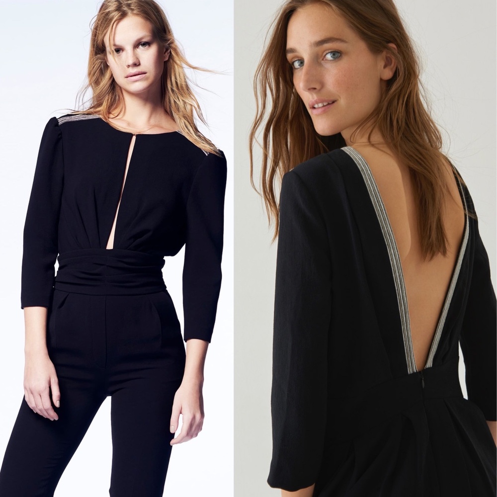 ✨NWT✨ BA&SH Corfu Open Back Bead Embellished Crepe Jumpsuit in Black Sz US 8, M